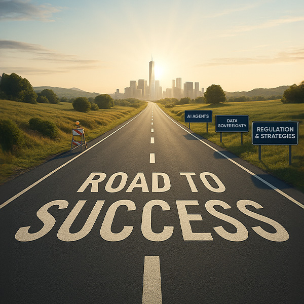 A road leading towards a large city. The inscription “Road to Success” can be seen on the road. At the side of the road are signs with the inscriptions “Regulation & Strategies”, “Data Sovereignty” and “AI Agents”.