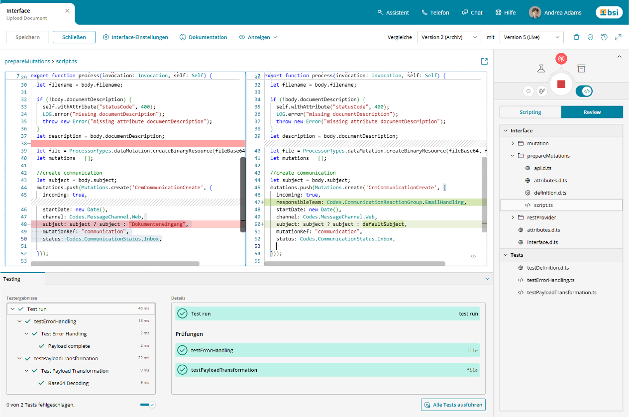 Review-Ansicht im Modul EIP der BSI Customer Suite – Codevergleich mit Versionierung, Kommentar- und Prüfmodus für die Qualitätssicherung von Schnittstellen-Logik.