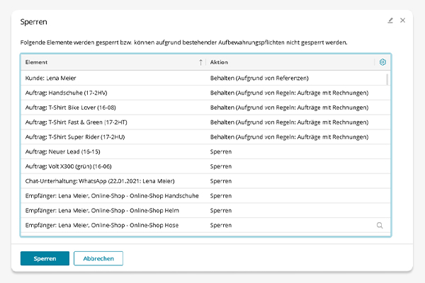 Blocking function in the BSI Customer Suite - Overview of data protection-compliant blocking or retention of customer data in accordance with retention obligations and system rules.