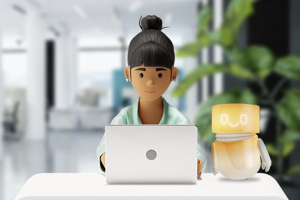 Vicky works on her laptop in a modern office, next to her stands the Companion – symbolizing smart support in daily work.