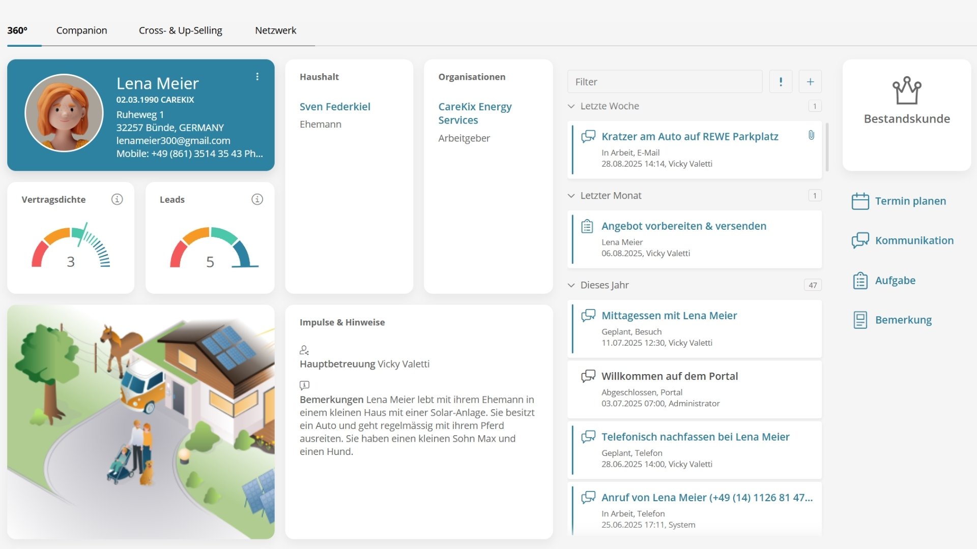Screenshot of the BSI Customer Suite showing the 360° view of customer Lena Meier, supported by Sales Manager Vicky Valetti. Displayed are personal data, leads, contract density, and current tasks. An illustration shows her home with solar panels, horse, and dog. Example of efficient tied agent management with holistic customer support.