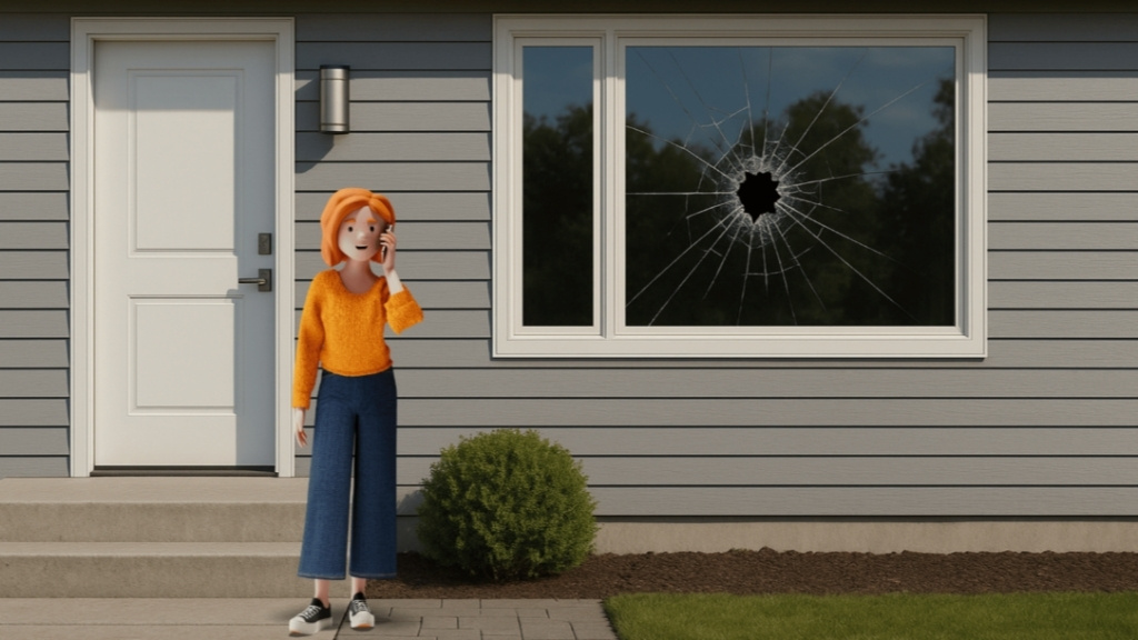 3D character Lena Meier, loyal customer, standing in front of her house with a shattered window, reporting the damage by phone – symbolic image for efficient case management, omnichannel communication, and customer relationship management with the BSI Customer Suite in the insurance context.