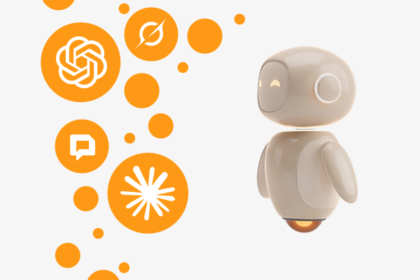 Clara, persönlicher AI-Assistent, ist als kleine 3D-Figur rechts im Bild dargestellt. Sie hat eine glatte, helle Oberfläche, ein reduziertes Gesicht und eine runde, kompakte Form. Links neben ihr sind mehrere orangefarbene Icons verschiedener AI-Assistenten-Anbieter in unterschiedlichen Grössen angeordnet.