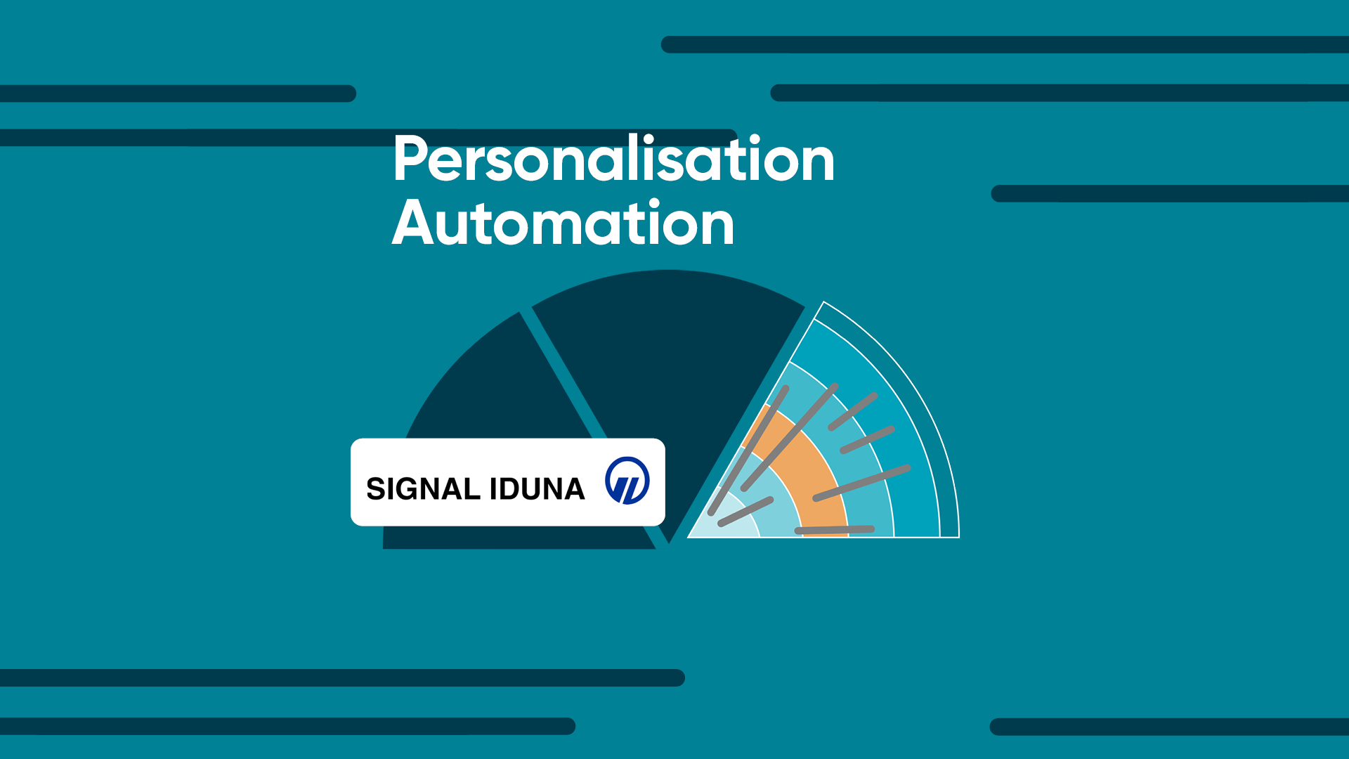 Grafische Darstellung mit Halbkreis-Diagramm und den Begriffen „Personalisation Automation“. Im Vordergrund ist das Logo von SIGNAL IDUNA zu sehen, platziert auf einem weißen Rechteck.
