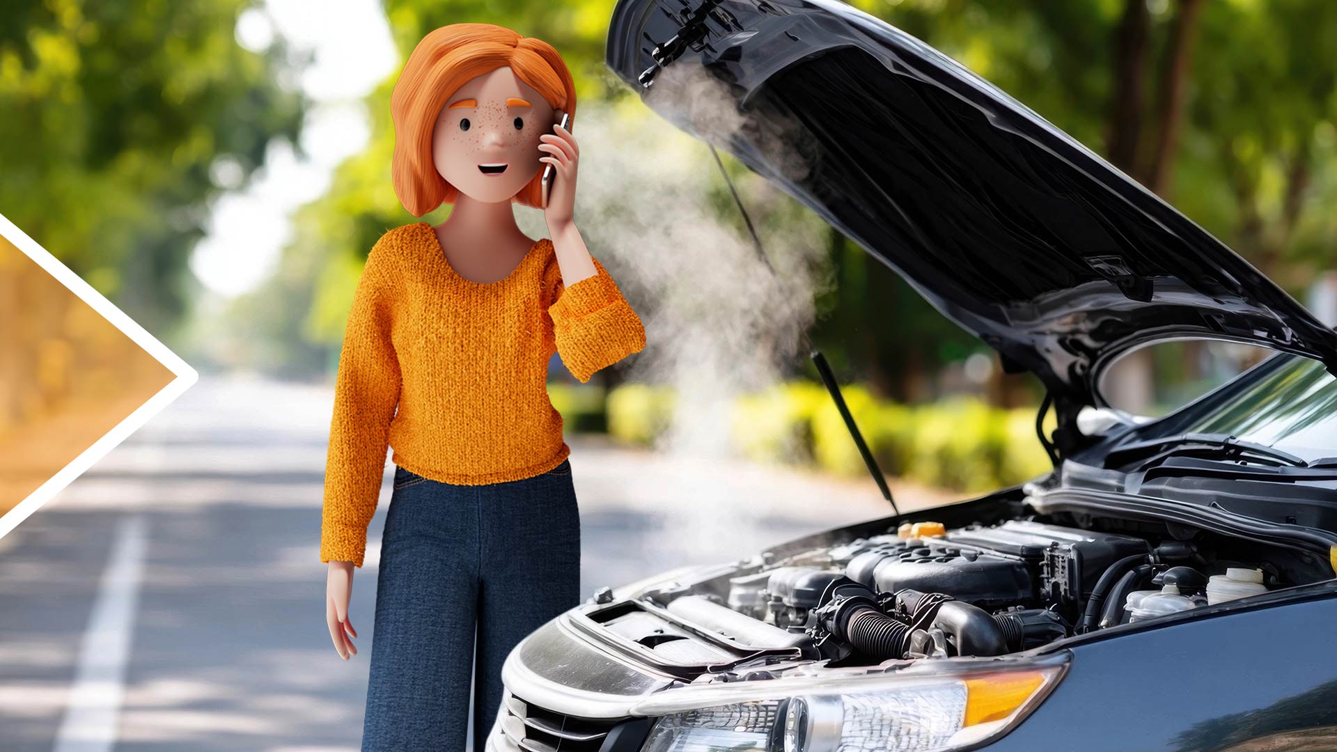 Illustration einer Frau mit orangefarbenem Pullover, die telefoniert, während aus dem Motorraum eines Autos Rauch aufsteigt. Szene auf einer Landstraße mit offenem Autodeckel, Symbol für Autopanne oder Motorüberhitzung.