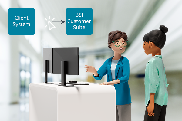 Andrea and Vicky connect the client system to the BSI Customer Suite using drag-and-drop.