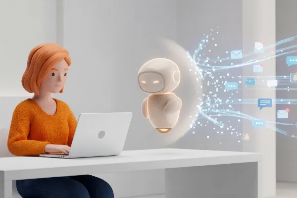 Lena Meier, treue Kundin, sitzt an einem Tisch und arbeitet an einem Laptop. Neben ihr schwebt ein kleiner AI-Assistent als 3D-Figur mit glatter, heller Oberfläche und minimalistischem Gesicht. Im Hintergrund sind Symbole für E-Mail, Chat und digitale Benachrichtigungen zu sehen, die der AI-Assistent mit einem leuchtenden Schild von Lena fernhält.