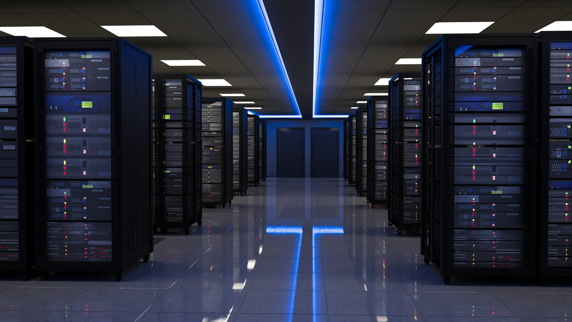 Modern data center with rows of high-performance server racks in a secure, climate-controlled environment. Symbolizing European data flows in CRM, digital sovereignty, and data residency within the EU.
