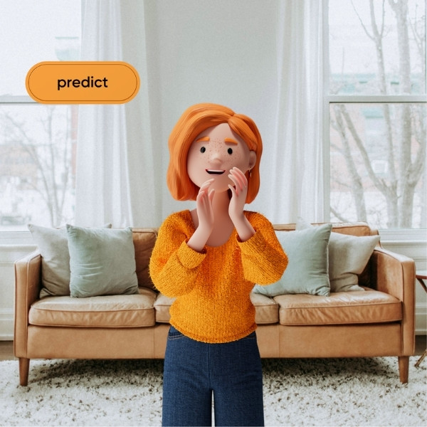 Lena Meier, die treue Kundin, zeigt sich erfreut in einem stilvollen Wohnzimmer – im Mittelpunkt steht der Wert «predict» aus dem BSI Customer Value.