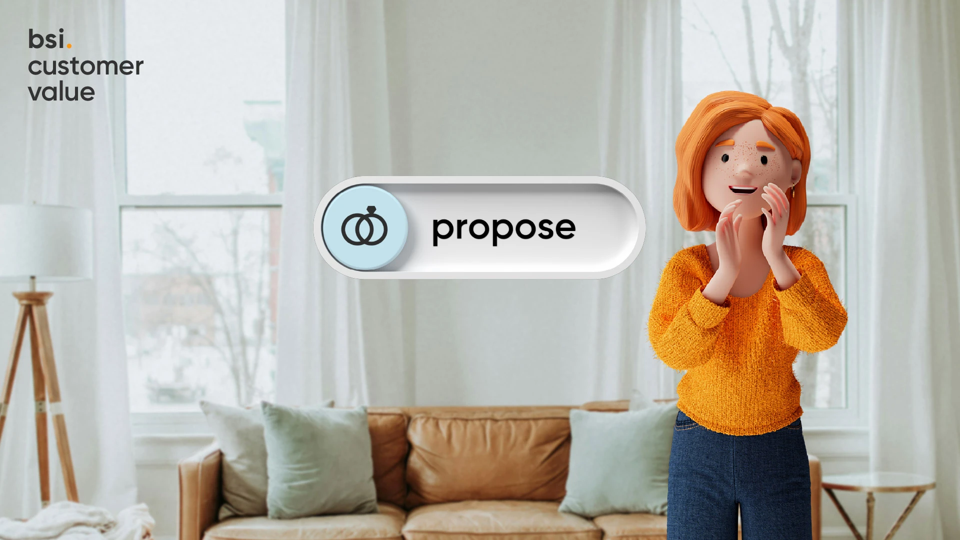 Lena Meier, a loyal customer, is delighted in a modern living room because she feels well supported thanks to the BSI Customer Value «Propose». The 3D character in an orange sweater represents personalized engagement and a positive customer experience in customer relationship management.
