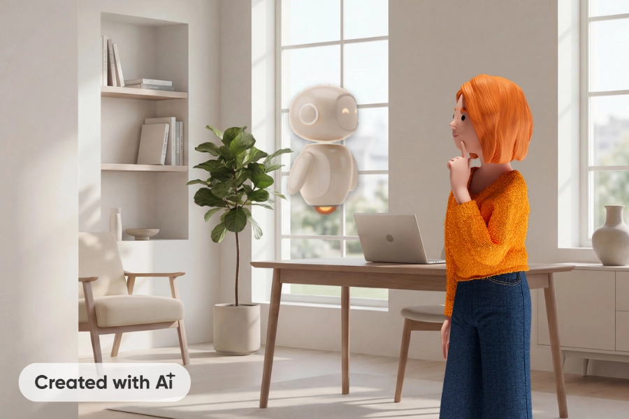 Lena Meier, treue Kundin, steht nachdenklich in einem hellen Homeoffice neben ihrem Laptop, während ihre schwebende AI-Assistentin Clara neben ihr präsent ist und sie bei Bedarf unterstützt, während sie ihr Investment-Portfolio analysiert und fundierte Entscheidungen vorbereitet. Created with AI
