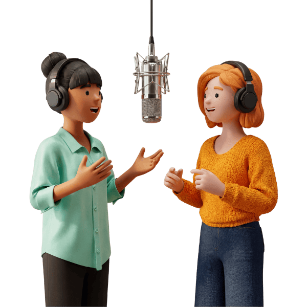 Die 3D-Figuren Vicky Valetti, Sales Managerin, und Lena Meier, treue Kundin, tragen Kopfhörer und stehen vor einem Mikrofon, um gemeinsam eine Folge des BSI ShortCast aufzunehmen.