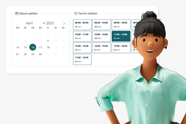 Vicky stands in front of a digital calendar interface where a date and time slot can be selected – symbolizing easy and flexible appointment scheduling.