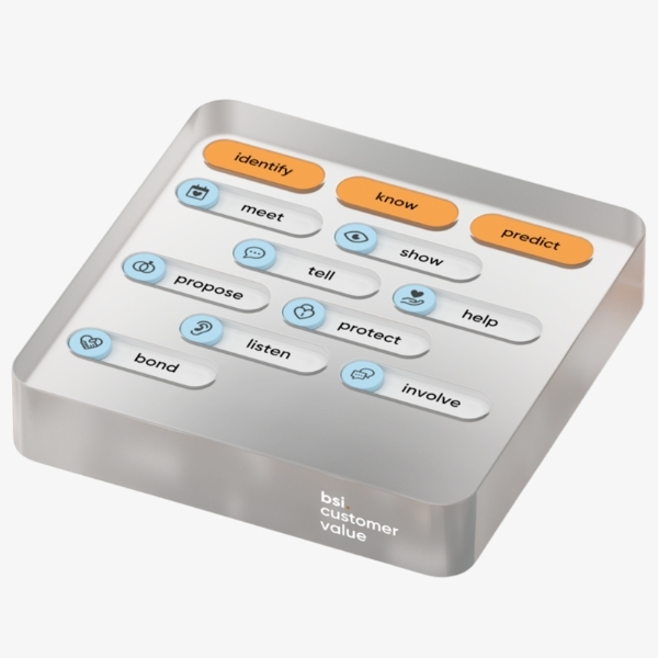 3D-Modell des BSI Customer Value mit den drei übergeordneten Werten «identify», «know» und «predict» sowie den zwölf kundenorientierten Handlungsfeldern wie «meet», «listen» oder «help» – visualisiert den strategischen Ansatz von BSI zur Steigerung des Customer Value entlang der Customer Journey.