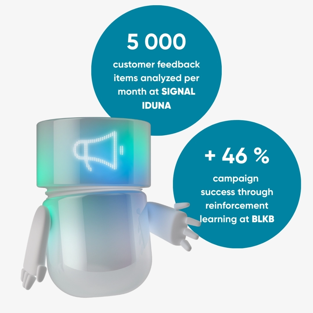 The blue-green glowing BSI Marketing Agent appears beside two performance metrics: 5,000 customer feedback responses analyzed per month at SIGNAL IDUNA and a 46% increase in campaign success through reinforcement learning at BLKB. The illustration highlights AI-powered marketing automation and data-driven campaign optimization.Der blaugrün leuchtende BSI Marketing Agent steht neben zwei Erfolgskennzahlen: 5 000 analysierte Kundenfeedbacks pro Monat bei SIGNAL IDUNA und 46 % mehr Kampagnenerfolg