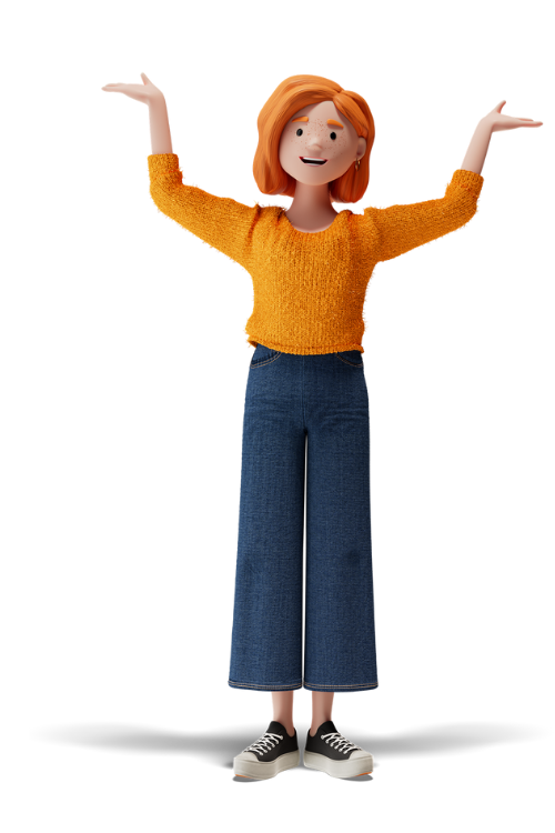 Illustration of customer Lena wearing an orange sweater and jeans, arms raised – the friendly character represents BSI’s “Customer first” approach.