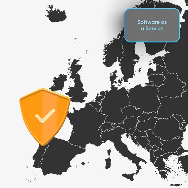 Carte de l’Europe mettant en avant la protection des données et la sécurité dans le cloud : un bouclier orange avec une coche symbolise des solutions SaaS fiables en Europe ; un bouton gris clair "Software as a Service" est visible en haut à droite.