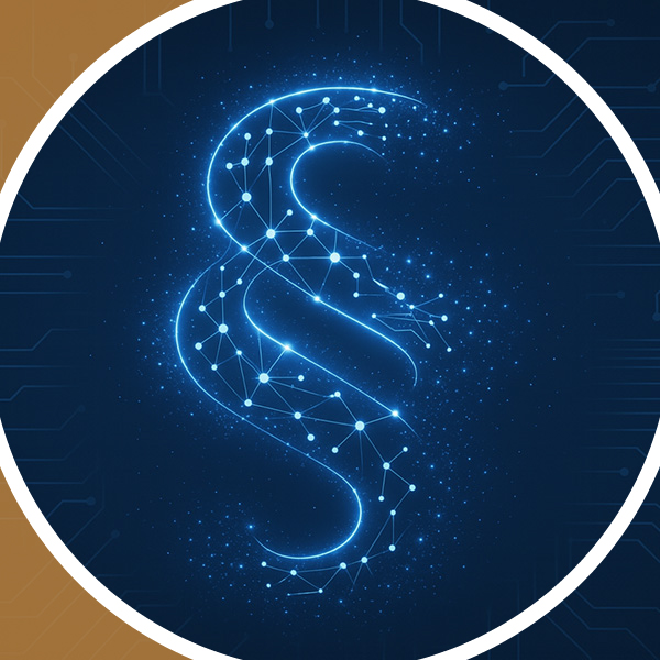 Digitales Paragraphen-Symbol aus vernetzten Datenpunkten auf blauem Hightech-Hintergrund – Symbol für Recht, Datenschutz und IT-Compliance