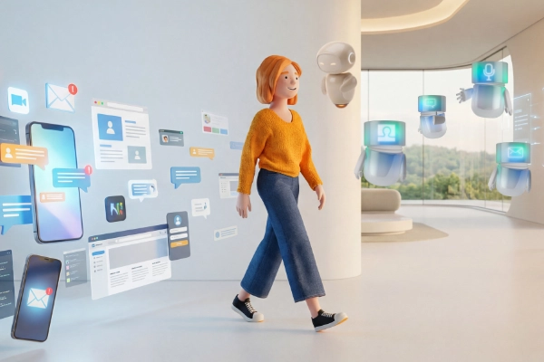 Lena Meier, treue Kundin, geht durch einen hellen Raum, während sie von einem kleinen schwebenden AI-Assistenten begleitet wird. Um sie herum sind digitale Benutzeroberflächen, Chatnachrichten und App-Ansichten angeordnet, die verschiedene Touchpoints und Interaktionen im Customer Relationship Management zeigen.