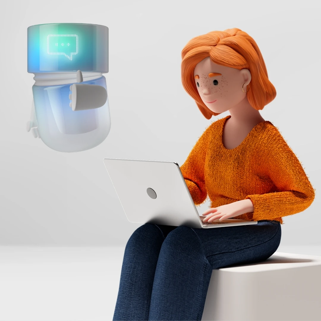 Lena Meier, treue Kundin, chattet am Laptop mit dem BSI Chat Agent, dargestellt als blaugrüner AI Agent mit Chat-Symbol. Die Szene zeigt AI-gestützte Chat-Kommunikation, automatisierte Kundeninteraktion und effizientes Customer Relationship Management in der BSI Customer Suite.