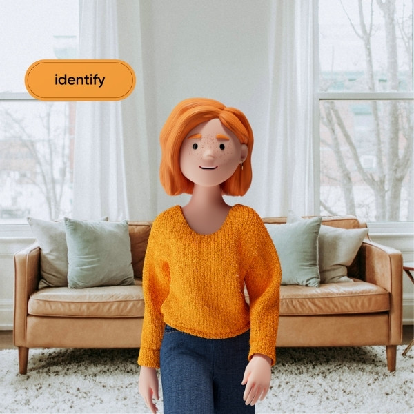 Lena Meier, die treue Kundin, steht in einem stilvollen Wohnzimmer – mit dem Fokus auf den Wert «identify» aus dem BSI Customer Value.