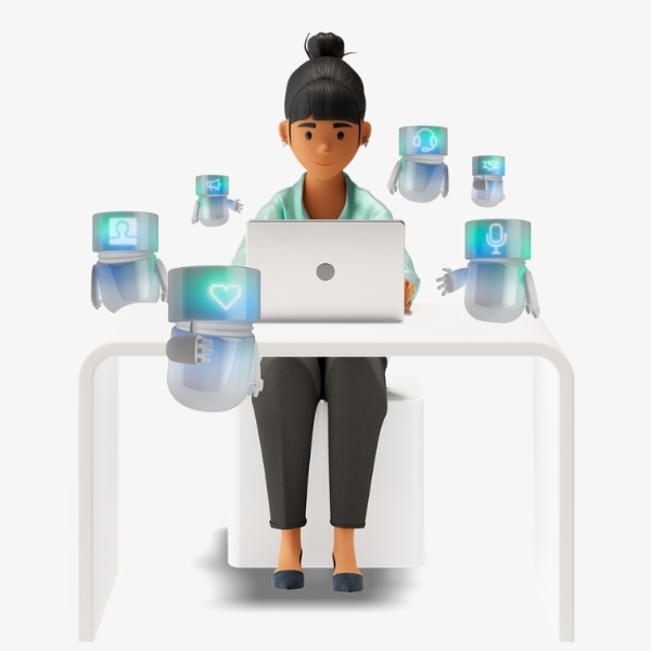 Vicky Valetti, Sales Managerin und Kundenberaterin, arbeitet am Laptop, umgeben von mehreren schwebenden AI Agents mit unterschiedlichen Symbolen – sie unterstützen sie bei ihrer Arbeit mit der BSI Customer Suite und sorgen für effizientes Customer Relationship Management.