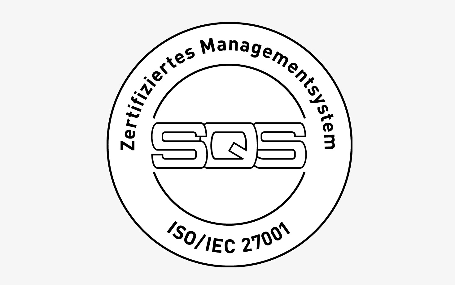 SQS-Zertifikatssiegel mit der Aufschrift „Zertifiziertes Managementsystem ISO/IEC 27001“, das die Zertifizierung für Informationssicherheitsmanagement gemäß internationalen Standards darstellt.