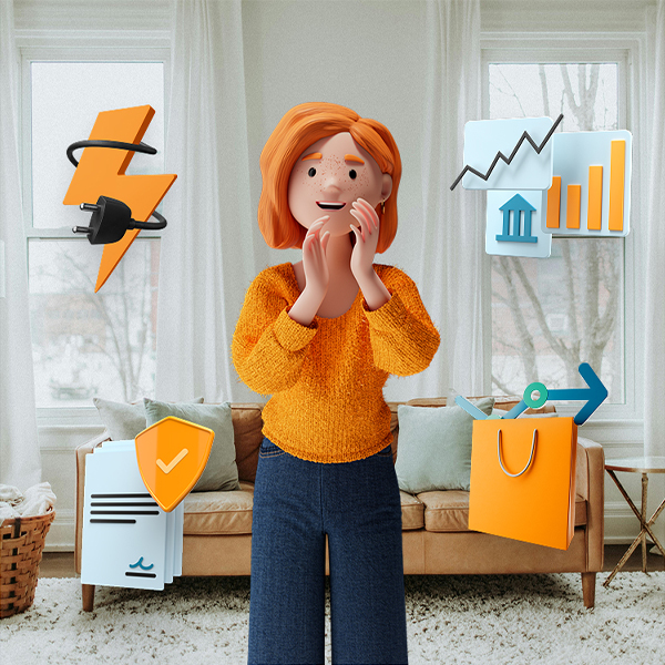 Illustration of a delighted customer in her living room, surrounded by symbols for energy, banking, insurance and retail - visual representation of digital services for banks, insurance companies, retailers and energy suppliers.