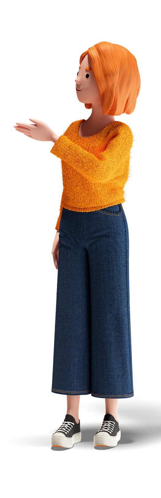 3D-Illustration einer Frau mit orangenen Haaren, orangefarbenem Pullover und blauen Jeans, die seitlich steht und mit der Hand eine erklärende Geste macht.