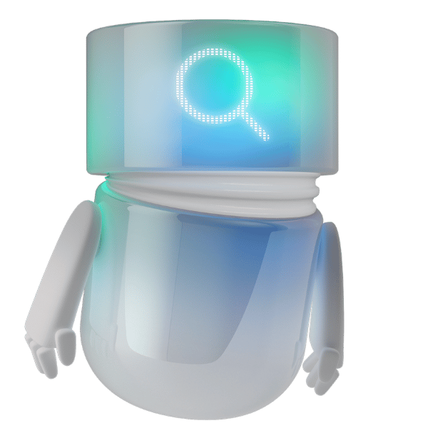 Weiss-blaugrüner 3D-BSI Agent mit leuchtendem Lupen-Symbol im transparenten Display. Die digitale Figur steht für intelligente Suche, schnelle Informationsbeschaffung und die gezielte Analyse von Kunden- und Geschäftsdaten mit BSI.