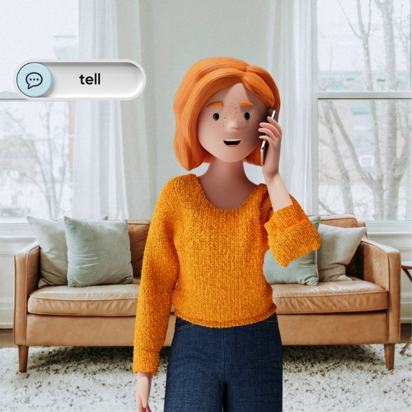 Lena Meier, die treue Kundin, telefoniert in einem stilvollen Wohnzimmer – im Fokus steht der Wert «tell» aus dem BSI Customer Value.