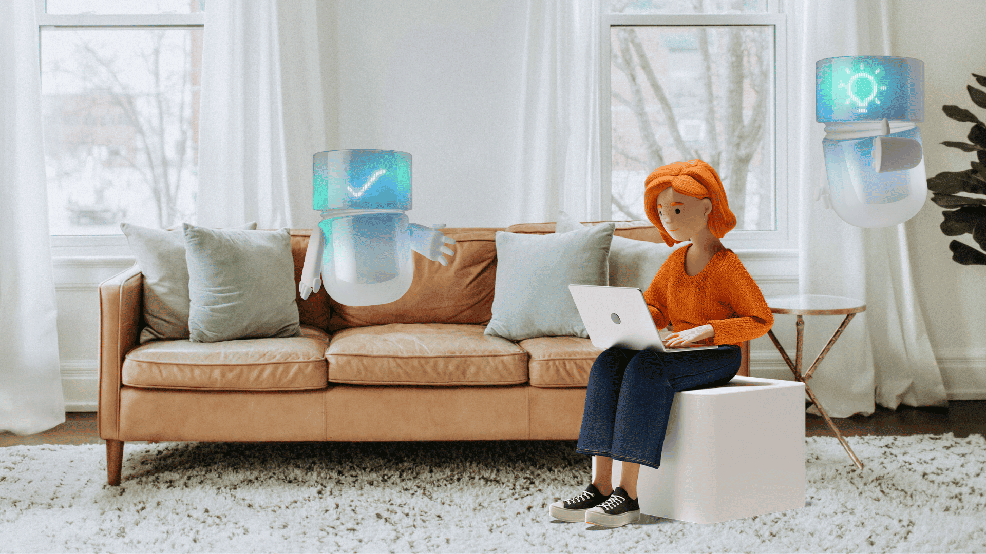 Lena arbeitet am Laptop, AI-Assistenten unterstützen sie