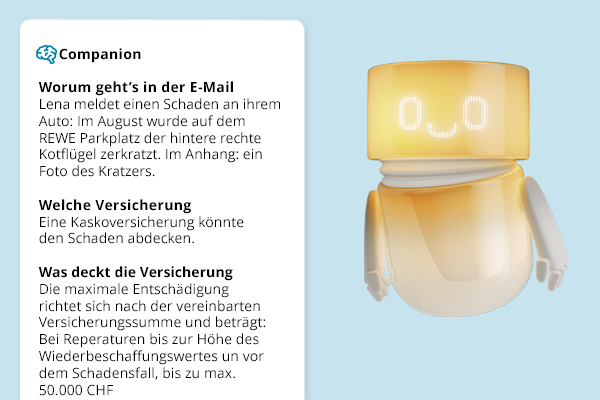 BSI Companion analyzes an email in an insurance context - presentation of an AI-supported assistant that automatically recognizes relevant information and suggests a response formulation.