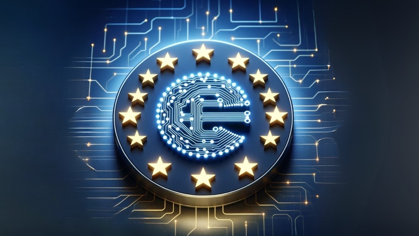 Symbolic representation of a digital euro sign with circuit pattern and EU stars - stands for trustworthy artificial intelligence and technological sovereignty in the European area.