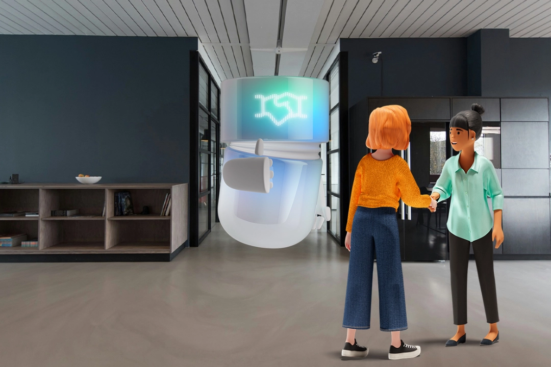 Vicky Valetti, sales manager and customer advisor, greets Lena Meier, a loyal customer, with a handshake in a modern office. Beside them, the teal Sales Agent hovers, displays a partnership icon, and gives a thumbs-up. The 3D scene represents personal customer consulting and digital customer relationship management with the BSI Customer Suite.