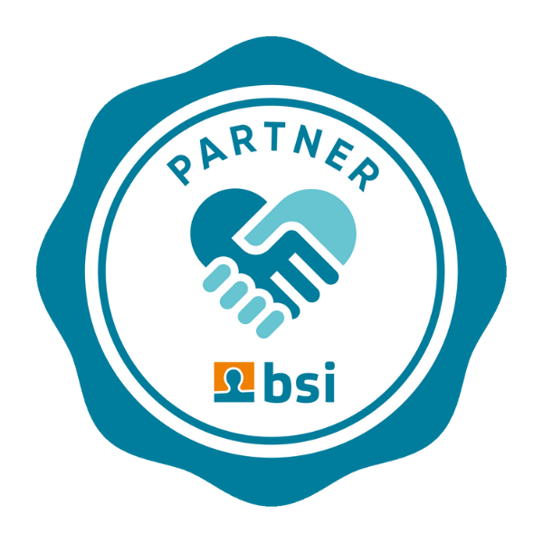 Badge-style BSI partner logo featuring two stylized hands forming a heart shape in the center, the word “PARTNER” above, and the BSI logo below.