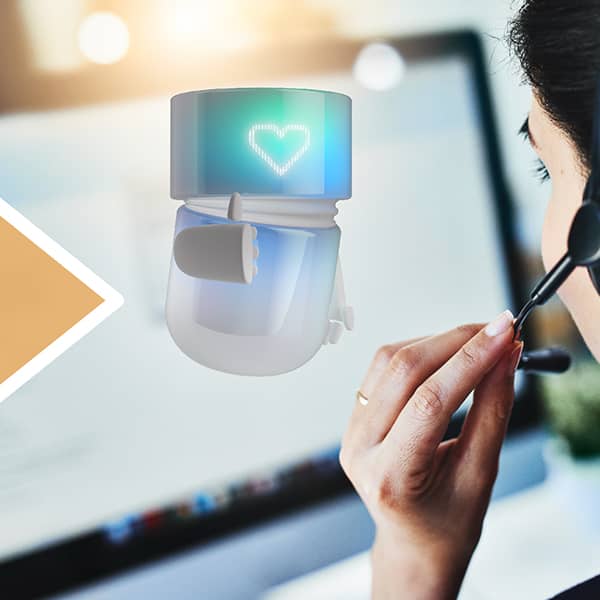 Customer service agent wearing a headset, speaking in front of a screen, with the turquoise BSI Companion next to her showing a glowing heart symbol.