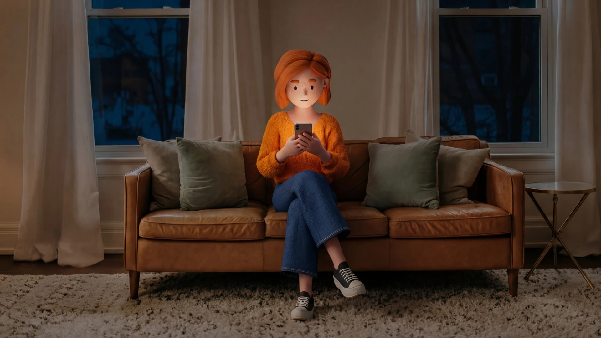 Lena Meier, treue Kundin, sitzt abends entspannt auf einem Sofa im Wohnzimmer und nutzt ihr Smartphone. Sie hat kurze rote Haare, ein freundliches Gesicht mit Sommersprossen, trägt einen orangefarbenen Pullover, Jeans und Sneakers und wirkt ruhig und konzentriert.