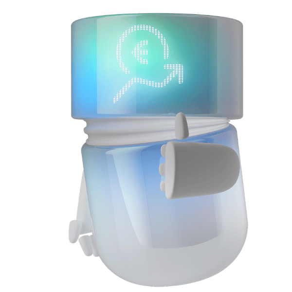AI Agent «Investment Agent» für die Fokusbranche Banking mit leuchtendem Euro-Symbol auf dem Display und Daumen-hoch-Geste.