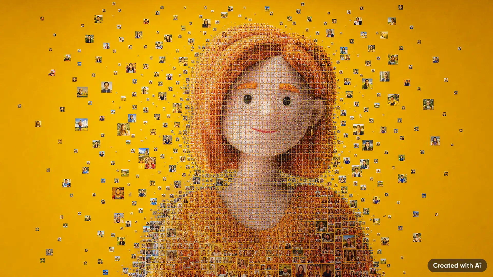 Against an orange background, thousands of small portrait photos form the face of a smiling woman – Lena, with more images floating around her. The mosaic visualizes a connected 360-degree customer view, personalized customer experiences, and data-driven customer relationship management.