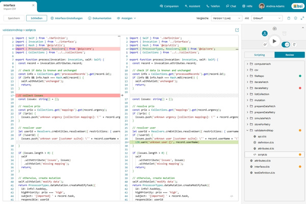 Review view in the EIP module of the BSI Customer Suite - code comparison with versioning, comment and check mode for quality assurance of interface logic.