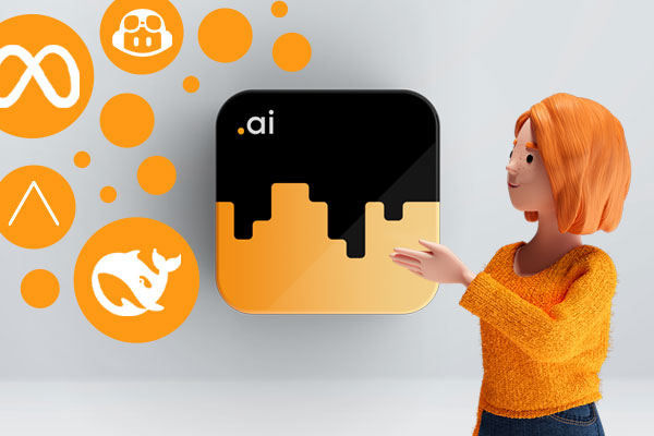 Lena points to a black and orange icon labeled “.ai,” surrounded by orange symbols representing technology and artificial intelligence.
