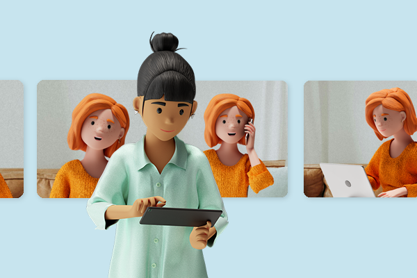 Vicky analysiert Kundendaten auf einem Tablet, während im Hintergrund Szenen von Lena gezeigt werden – bei der Beratung, am Telefon und am Laptop. Symbol für eine nahtlose Customer Experience über alle Kanäle hinweg.