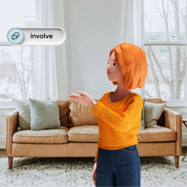 Lena Meier, die treue Kundin, gestikuliert einladend in einem Wohnzimmer – im Zentrum steht der Wert «involve» aus dem BSI Customer Value.