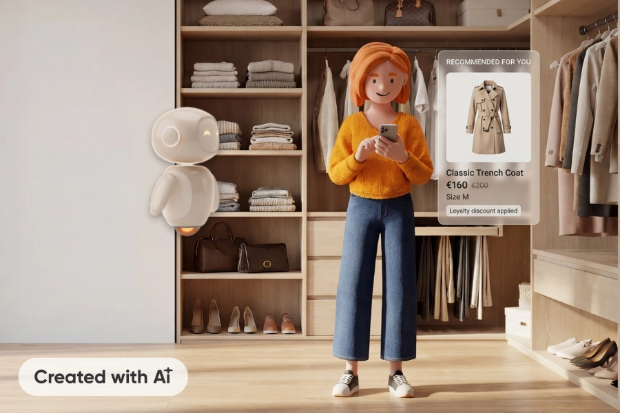 Lena Meier, treue Kundin, steht in ihrem Ankleidezimmer und sucht auf ihrem Smartphone nach einem neuen Mantel, während ihre AI-Assistentin Clara neben ihr schwebt. Created with AI