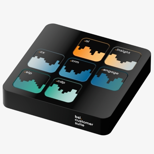 3D-Modell der BSI Customer Suite mit sieben Modulen – «cx», «crm», «cdp», «eip», «ai», «insight» und «engage»; zeigt die ganzheitliche Softwarelösung von BSI Software.