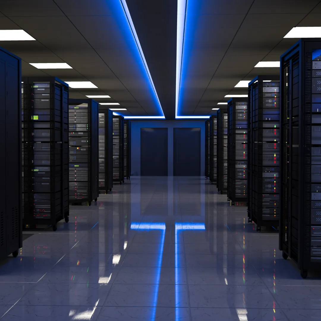 Modern data center with rows of high-performance server racks in a secure, climate-controlled environment. Symbolizing European data flows in CRM, digital sovereignty, and data residency within the EU.