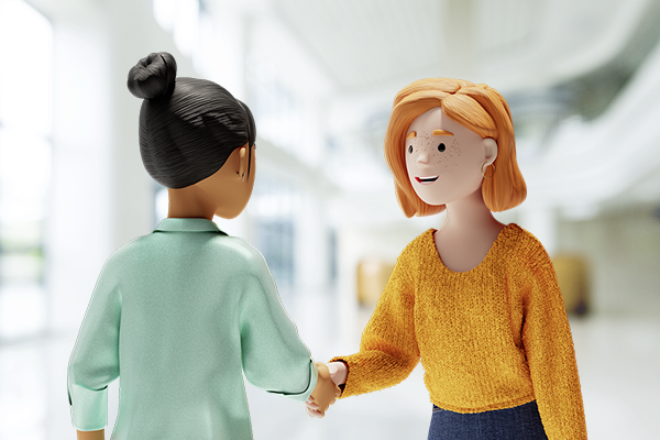 Lena und Vicky geben sich in einer modernen Büroumgebung die Hand – Symbol für Vertrauen und erfolgreiche Kundenbeziehung.