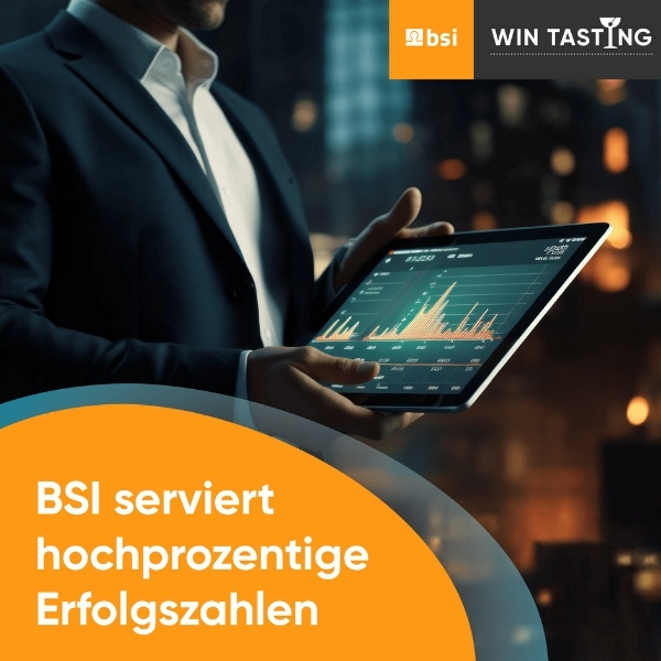 BSI software campaign for insurance companies: C-level person with tablet and success graphs - focus on CRM and data-driven decision making.