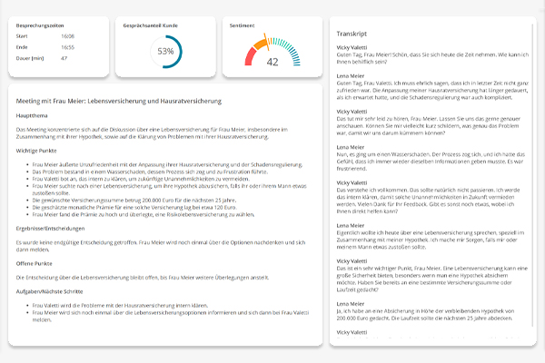AI-supported transcription of a video consultation in the BSI Customer Suite - automatic conversation analysis with sentiment evaluation, conversation history, task overview and recommendations for action.